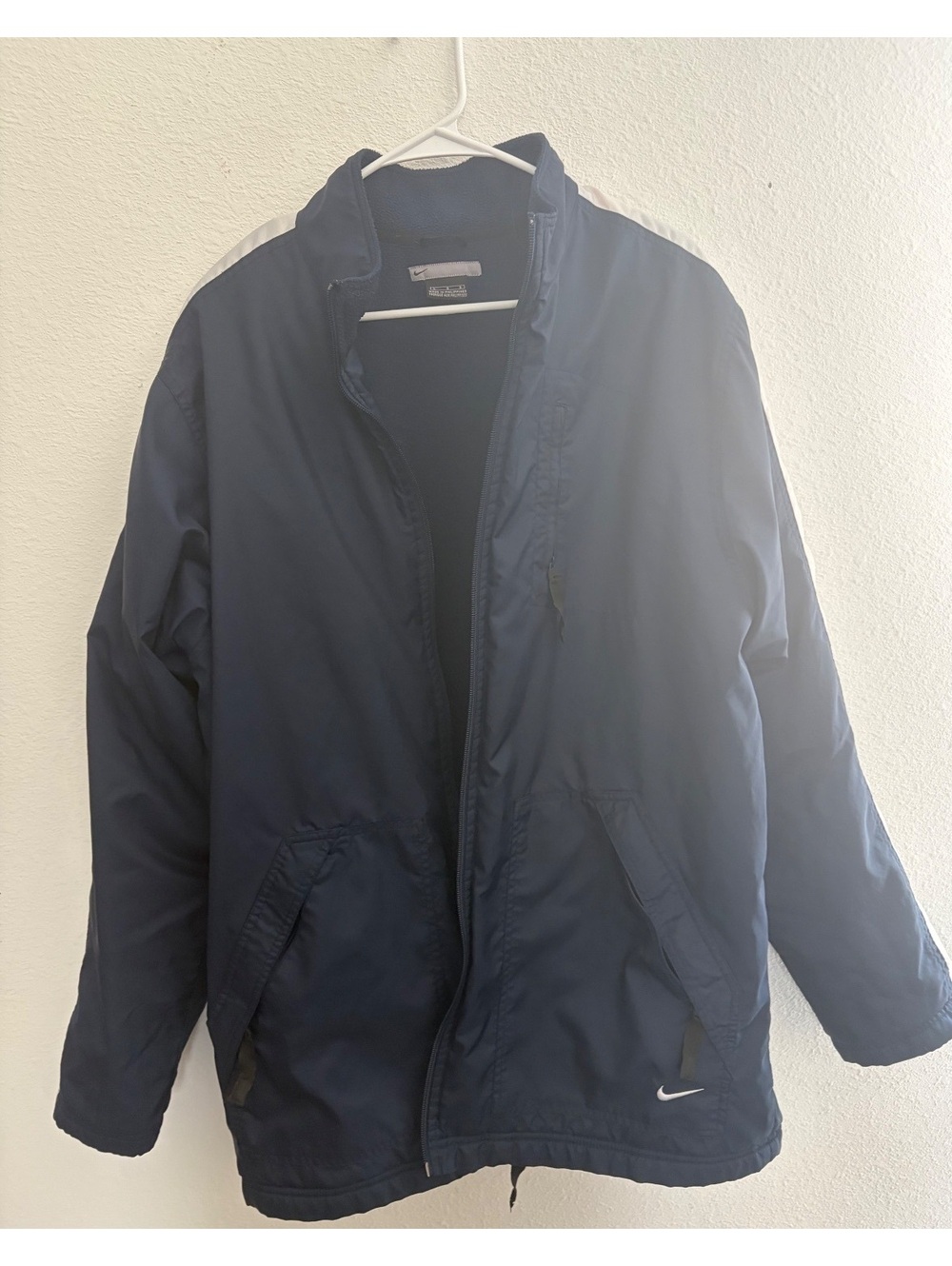 Nike Navy Blue Track Jacket with White Side Stripes, Size Large